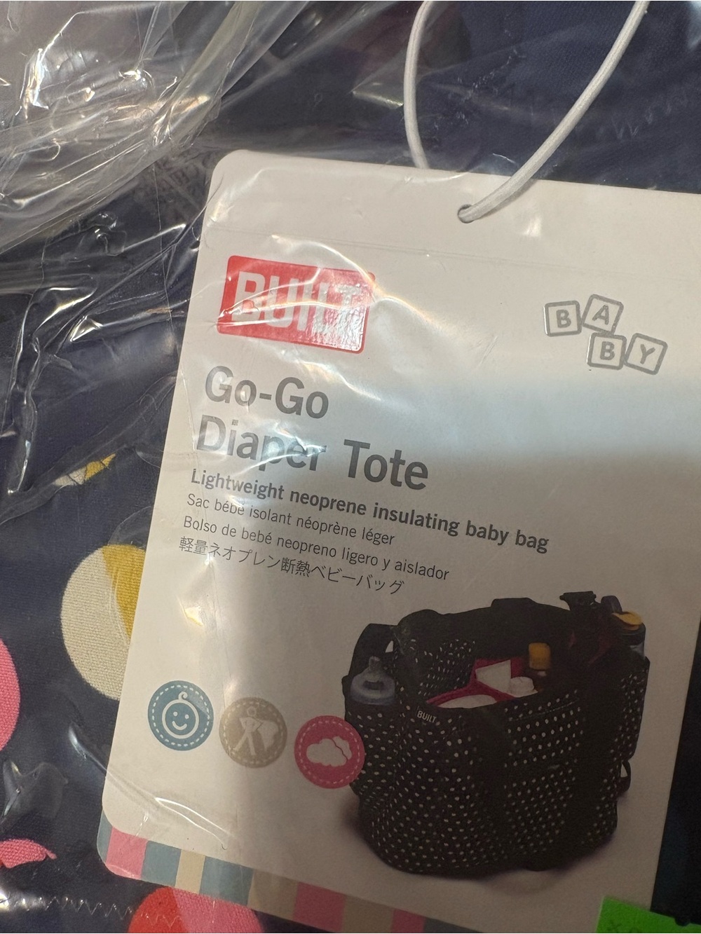 BUILT Go-Go Diaper Tote - Navy with Multicolor Dots (changing pad included)